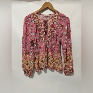 Anna-Kaci Babydoll Tunic Top Size S Blue Brown Boho Peasant Balloon Sleeves